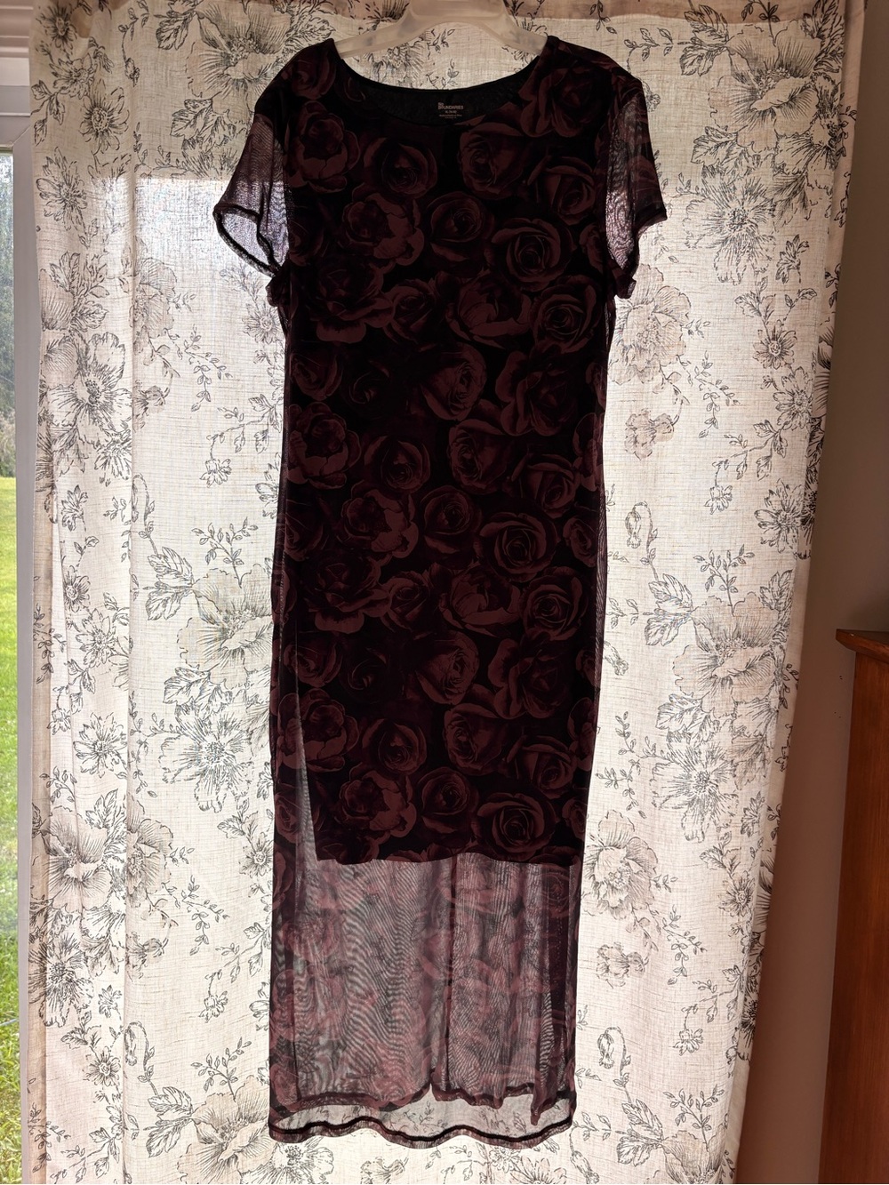 No Boundaries Burgundy Rose-Print Sheer Maxi Dress